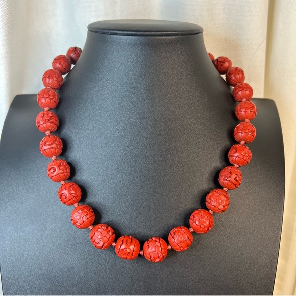 Vintage Authentic Cinnabar Set of Necklace, Bangle Bracelet & Pierced Earrings - Picture 2 of 14